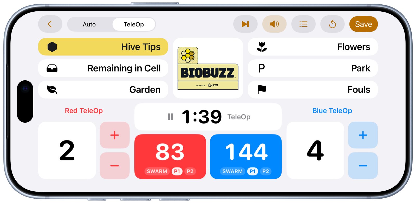 The BioBuzz Scorer scoring board